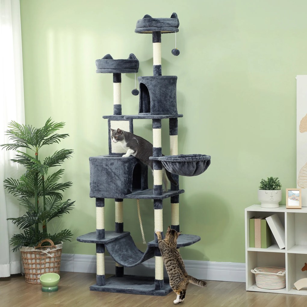 PawHut Copac pentru Pisici, 206 cm, cu Paturi, Hamace și Stâlpi de Scrăcat, Confortabil și Sigur, Ideal pentru 1-3 Pisici, Gri închis | Aosom Romania