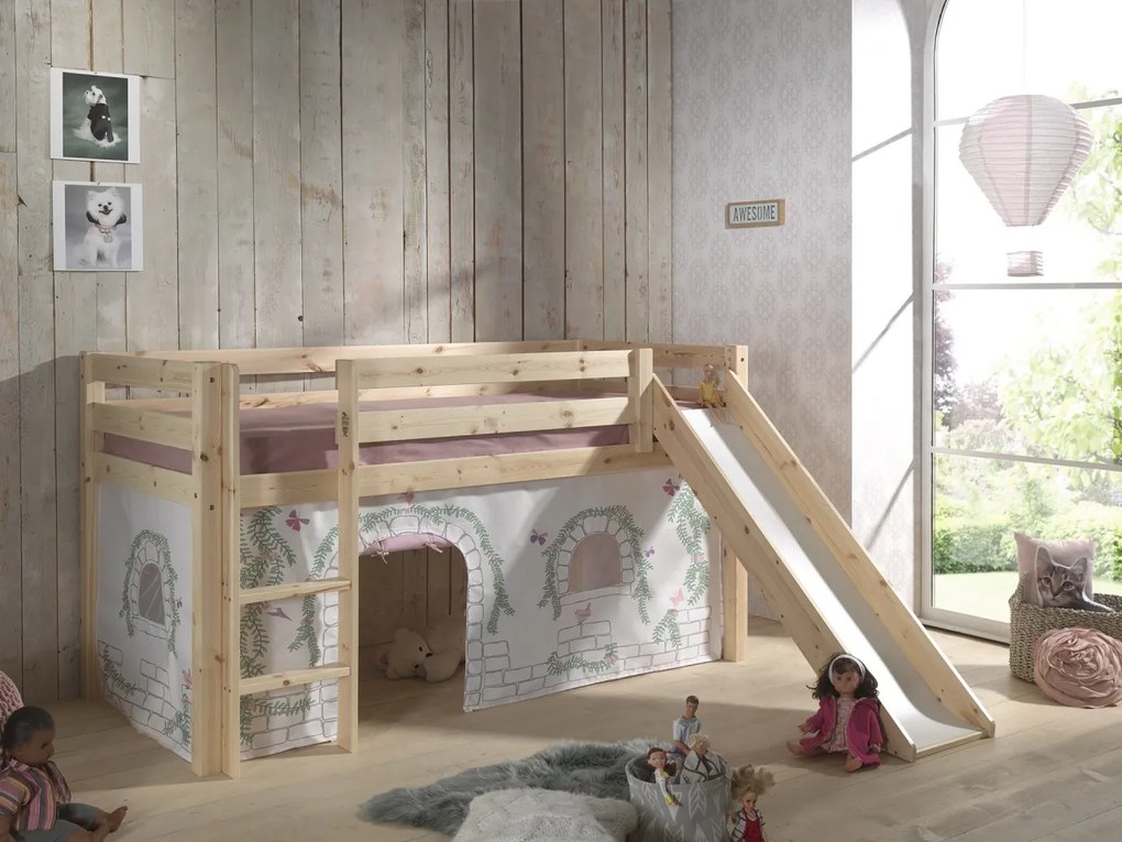 Perdea de joacă cu tema BIRDY pentru pat semi-supraetajat pentru copii PINO, alb roz – Vipack