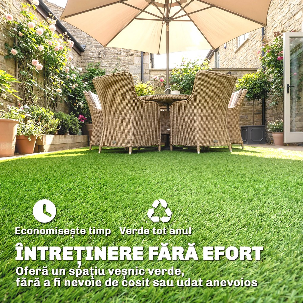 Outsunny Gazon Artificial pentru Exterior 1m x 4m, Covor Verde Sintetic cu Înălțime de 10mm, Drenant, Ideal pentru Grădini, Terase, Familii, Animale de Companie, Interior și Exterior | Aosom Romania