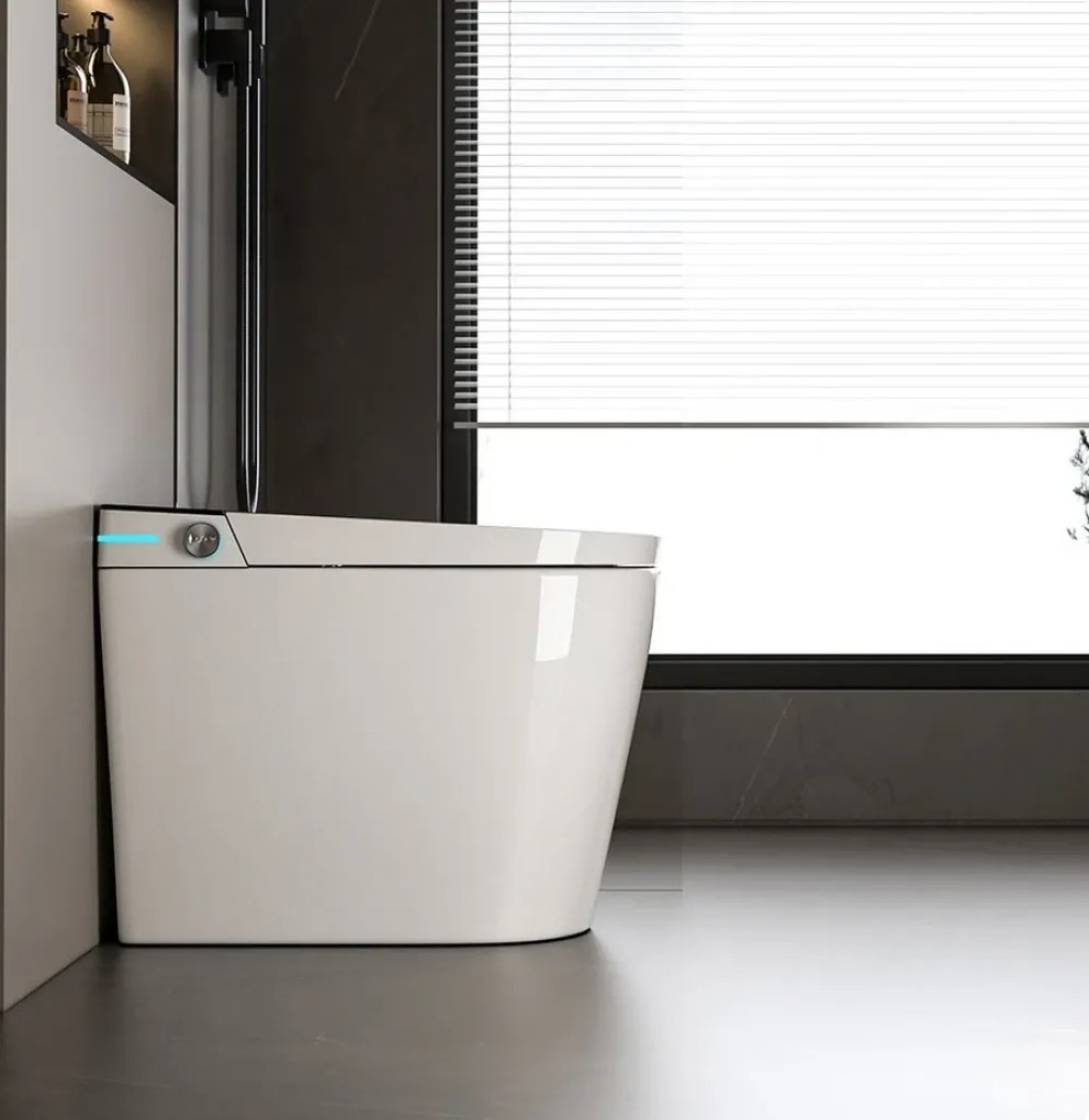 Smart WC 858 – Vas de Toaletă Inteligent cu Bideu, Sterilizare UV, Deschidere/Închidere automată, Senzor picior, Control inteligent al Temperaturii, Uscare aer cald, Iluminare de noapte, Afișaj LED, Telecomandă, Ceramică, Alb/Negru