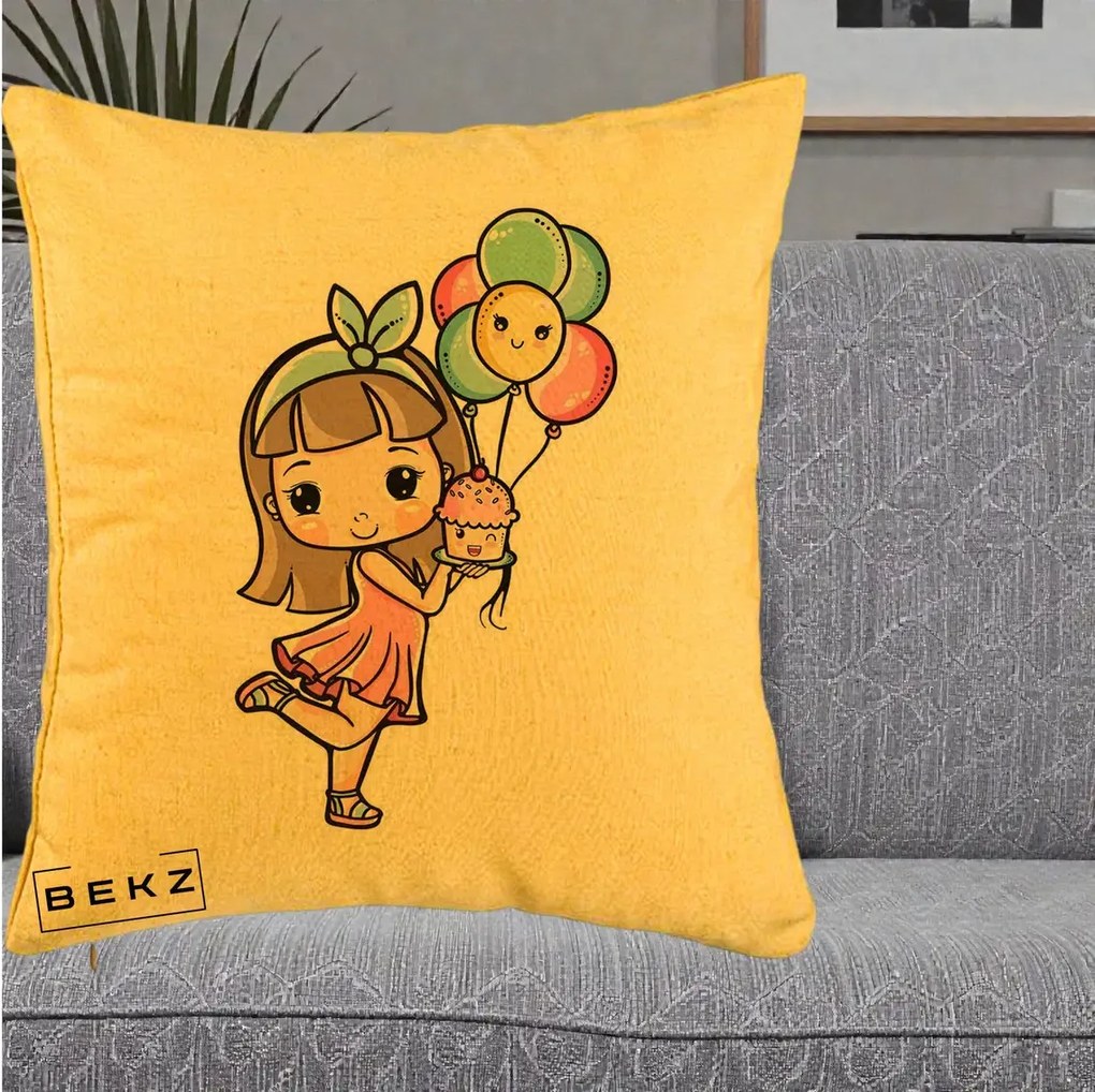 Perna Decorativa Fetita Kawaii cu Baloane si Cupcake, 40x40 cm, Galben, Husa Detasabila, Perna Inclusa, BEKZ®