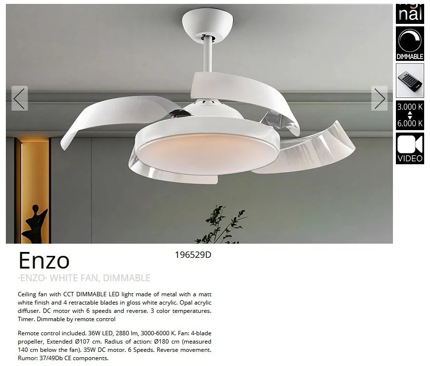 Lustra LED cu Ventilator si telecomanda, lame retractabile Enzo alb