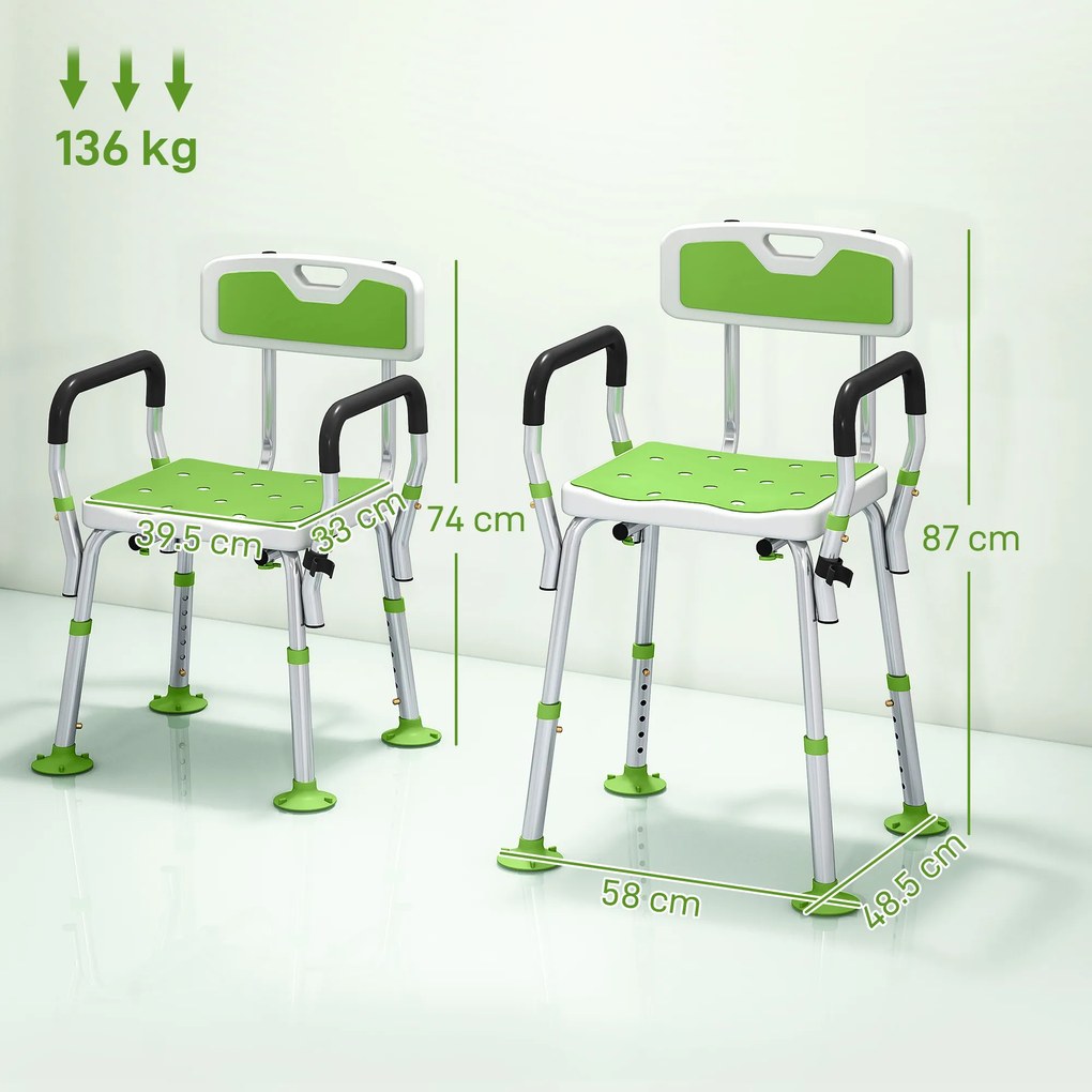 HOMCOM Taburet scaun de duș ergonomic înălțime reglabilă picioare antiderapante 56,5 x 53,5 x 87 cm blanc et vert | Aosom Romania