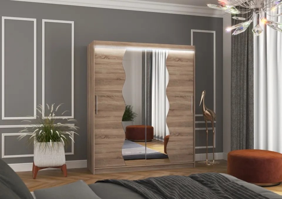 Dulap cu usi glisante si oglinda + iluminare LED, Kansas 180 + LED, 180 cmx200 cmx58 cm, ADRK Furniture (Culoare: Alb)