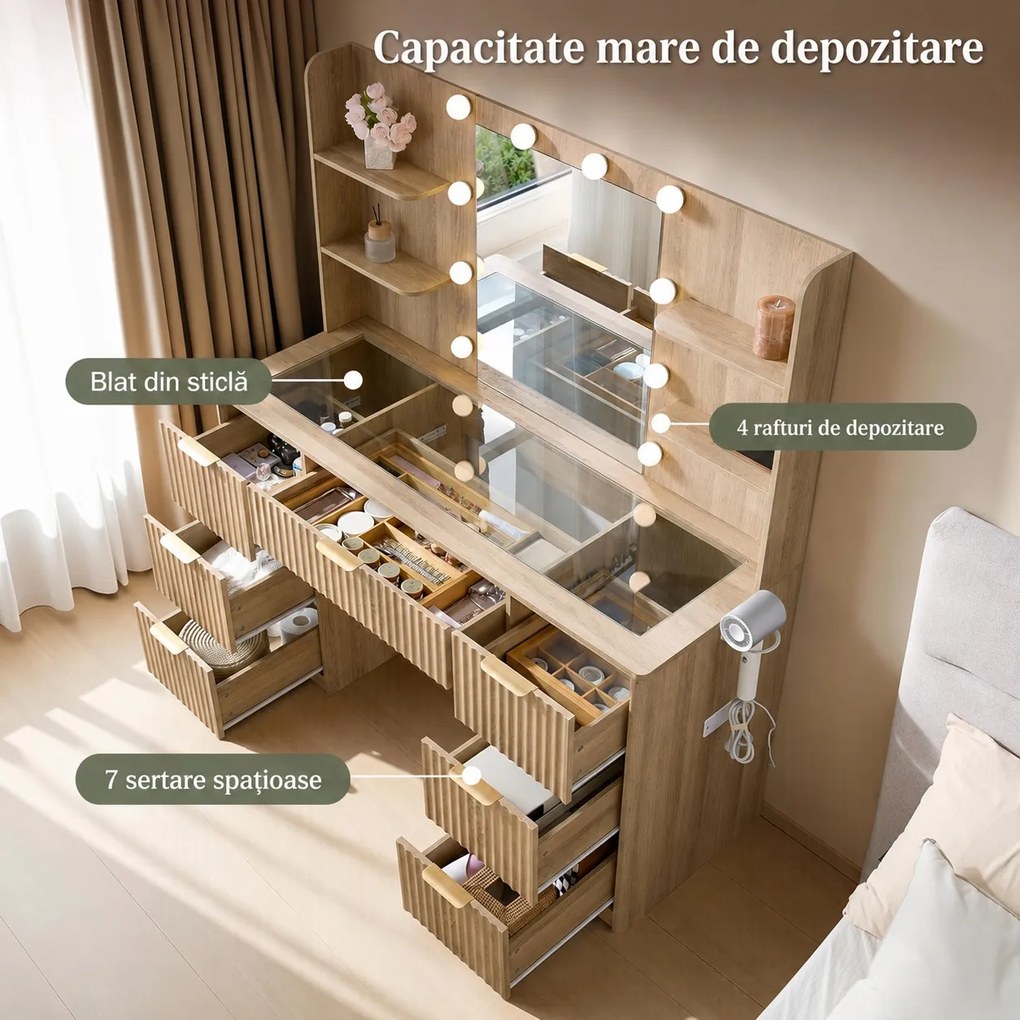 Masuta machiaj 120 cm, Alba sau Maro cu Oglinda LED si 7 Sertare pentru Cosmetice, Set Masa toaleta cu 2 Prize, USB si USB-C, masuta cosmetica,