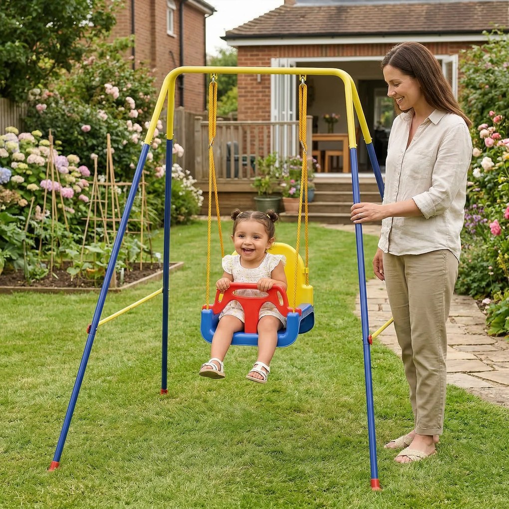 AIYAPLAY Leagăn de Grădină pentru Copii 3-în-1, Leagăn pentru Bebeluși Interior și Exterior, Înălțime Reglabilă, Cadru Pliabil din Oțel, Centură de Siguranță, Ușor de Montat, 9 Luni - 8 Ani, Albastru | Aosom Romania