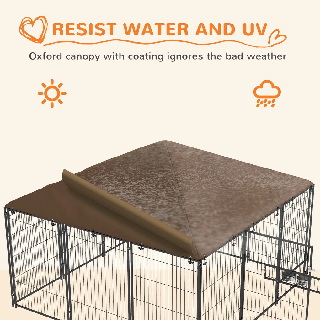 PawHut Tarc Câini din Metal cu Ușă pentru Bol, Padoc caine pentru Exterior cu Acoperiș din țesătură Oxford, 211x211x151 cm, Negru | Aosom Romania