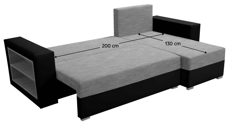 Canapea extensibila cu raft, melanj negru gri, dreapta, MERAK ROH