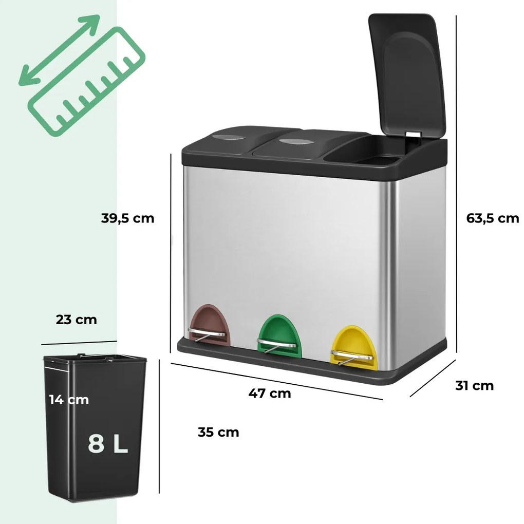 Jurhan Coș de reciclare SORT 24L (3x8L), oțel
