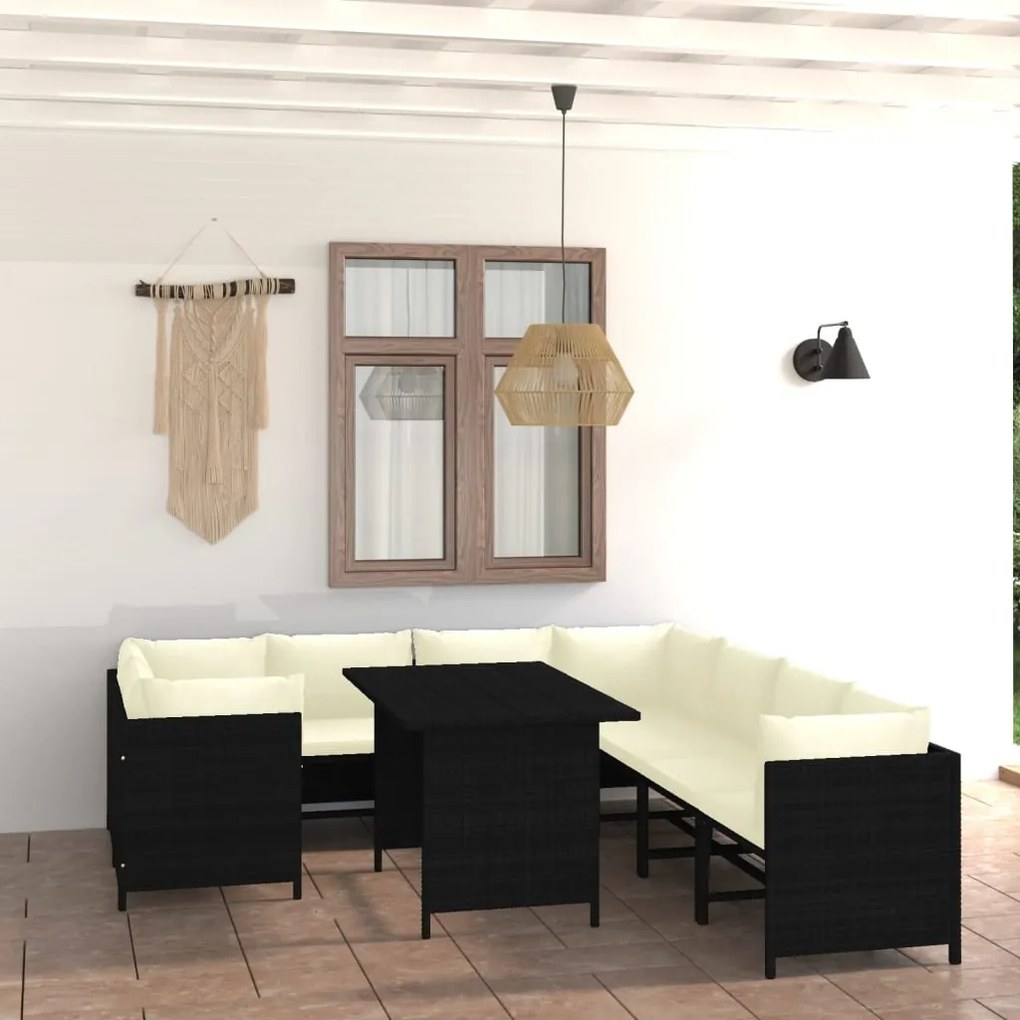 vidaXL Set mobilier de grădină cu perne, 9 piese, negru, poliratan