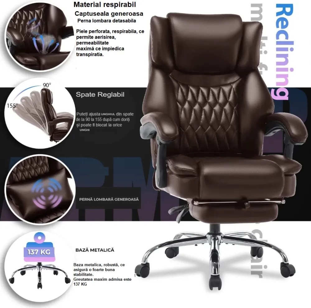 RESIGILAT- Scaun directorial, spatar inalt, suport pentru picioare, perna lombara detasabila, spatar rabatabil, captuseala groasa respirabila, sustinere extra, piele eco Premium, Maro