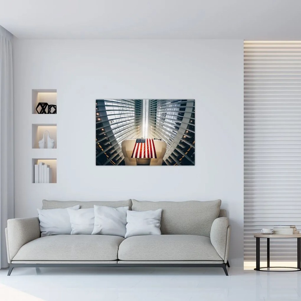 Tablou unei construcții cu steagul SUA (90x60 cm)