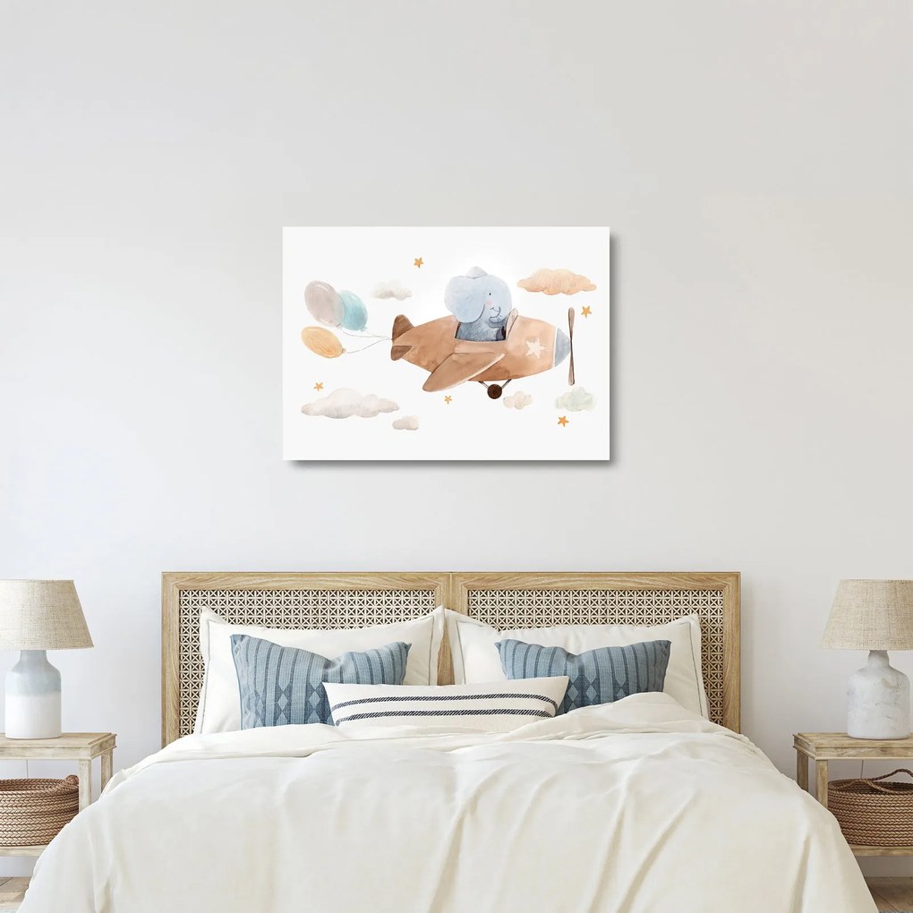 Tablou pe sticlă - Acuarelă elefant într-un avion (70x50 cm)