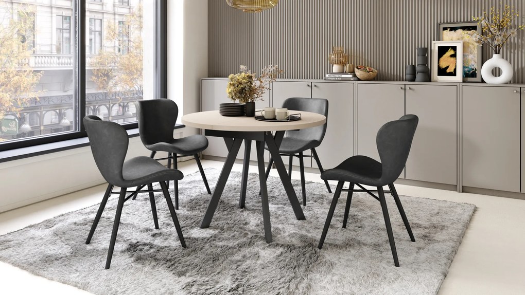 Mazzoni ALMO Bej/picioare negre - MASĂ ROTUNDĂ EXTENSIBILĂ CU PICIOARE ÎN FORMĂ DE Y STIL LOFT PENTRU SALON/SUFRAGERIE