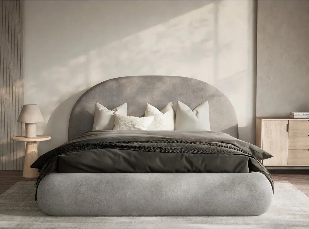 Pat matrimonial grej tapițat cu spațiu de depozitare cu somieră 160x200 cm Maumere – Maison de Rêve