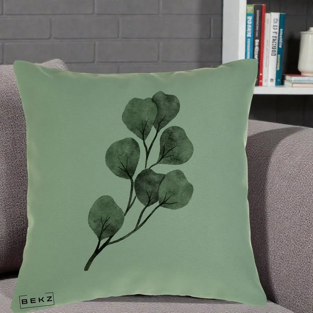 Perna Decorativa Ramura Eucalipt Acuarela, 40x40 cm, Verde, Husa Detasabila, Perna Inclusa, BEKZ®