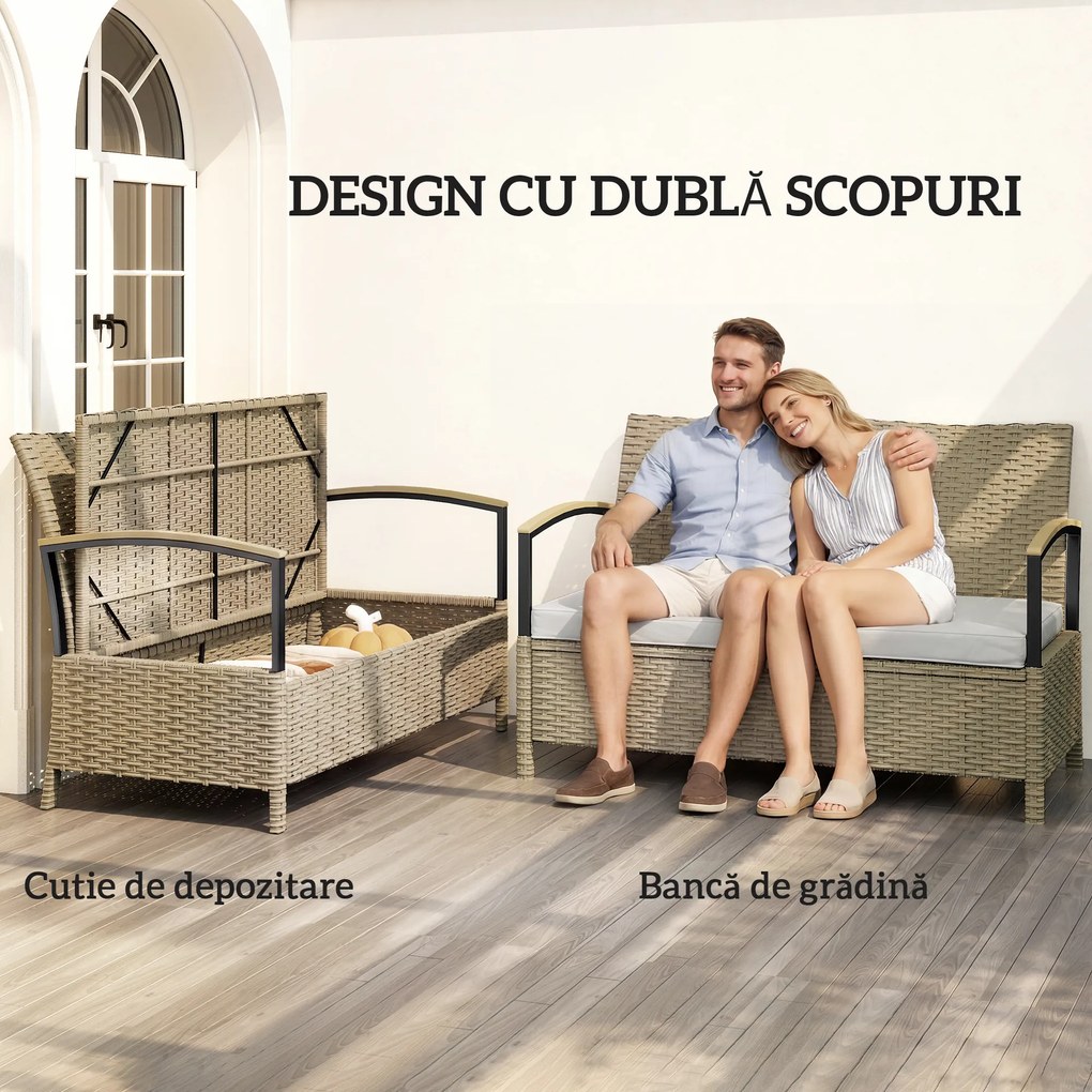 Outsunny Bancă de Depozitare 125L cu Pernă Confortabilă, din Metal, 123x70x82 cm, Bej | Aosom Romania