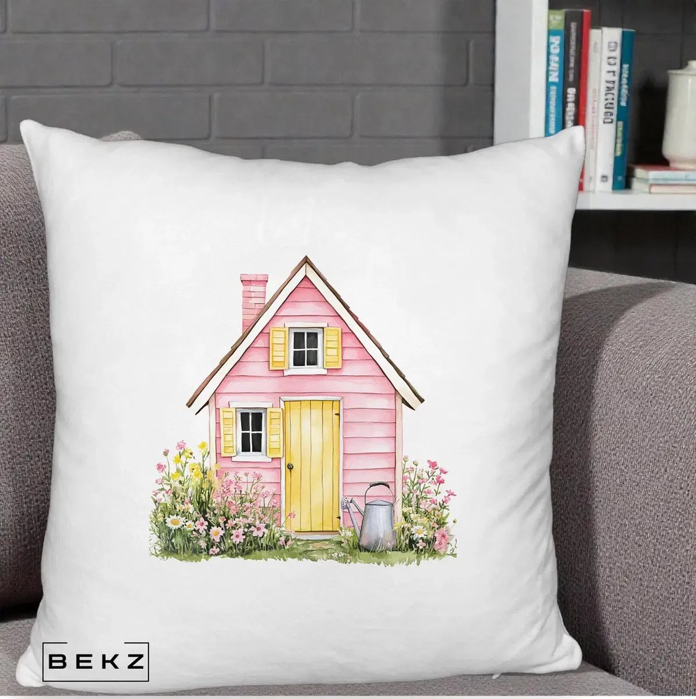 Perna Decorativa Casuta Roz Acuarela cu Gradina, 40x40 cm, Alb Pufos, Husa Detasabila, Perna Inclusa, BEKZ®