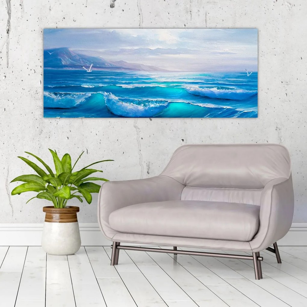 Tablou - Pictură în ulei de mare cu pescăruși (120x50 cm)