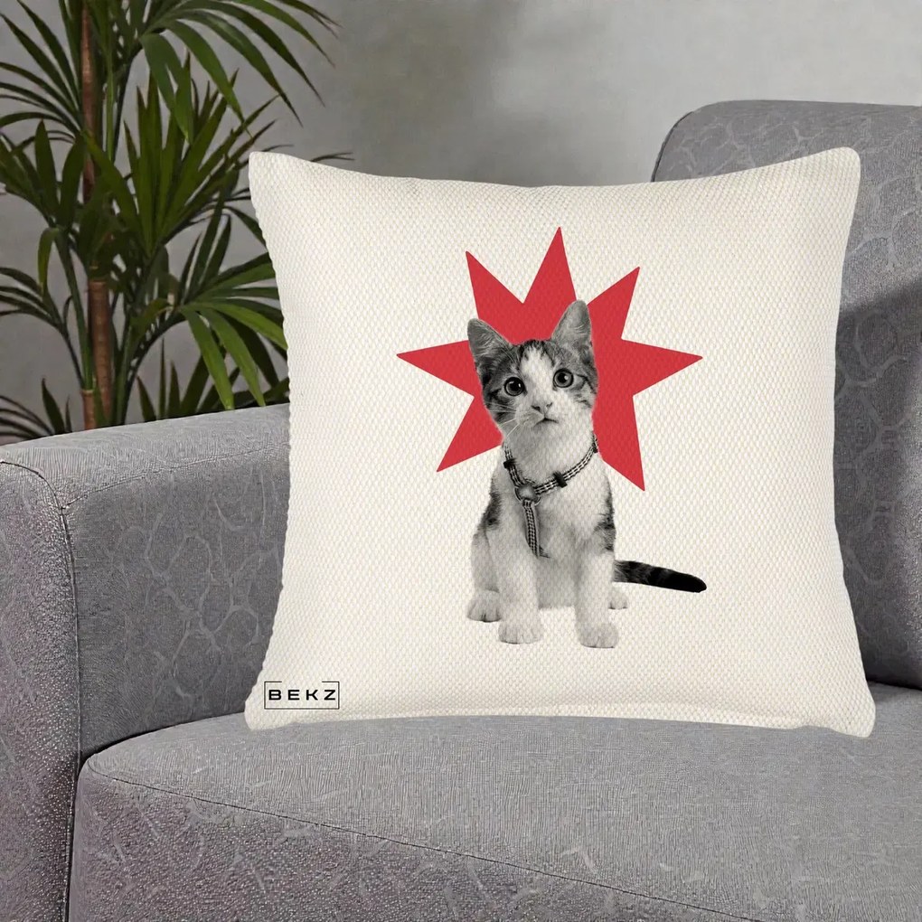 Perna Decorativa Pisica Star Pop Art, 40x40 cm, Crem Reliefat, Husa Detasabila, Perna Inclusa, BEKZ®