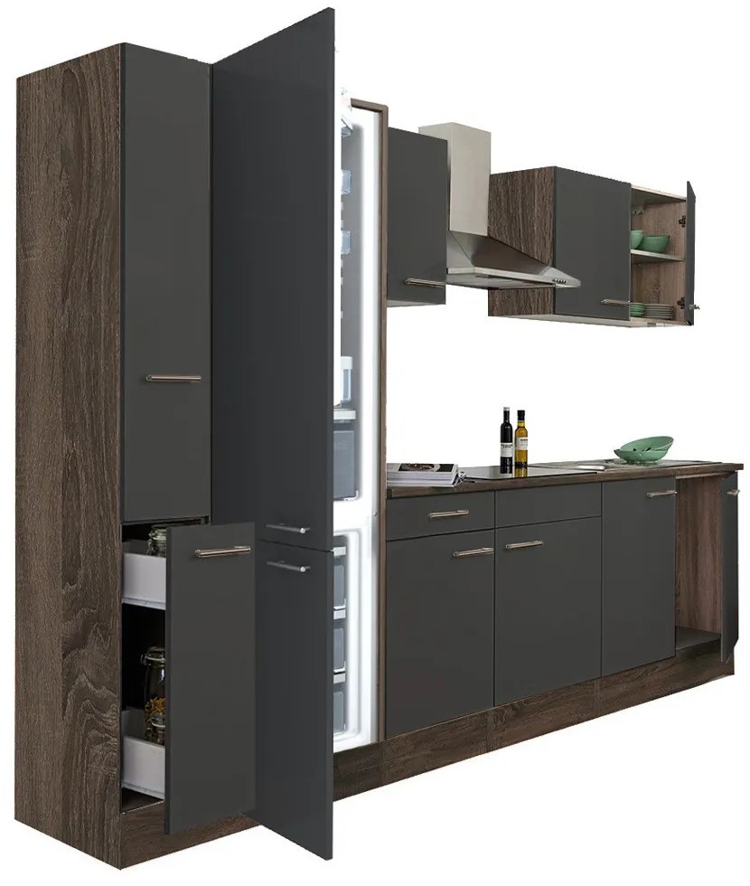 Mobilă de bucătărie Yorki 300, corp din stejar Yorki, față antracit satinat, frigider cu congelator în partea de jos