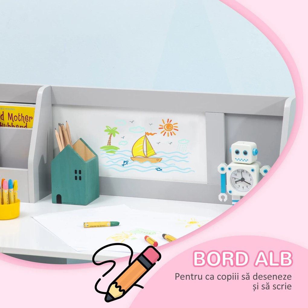 HOMCOM Set Masă și Scaune pentru Copii 5-8 Ani cu Spațiu de Depozitare, Tablă și Scaun, 90x45x85 cm, Roz | Aosom Romania