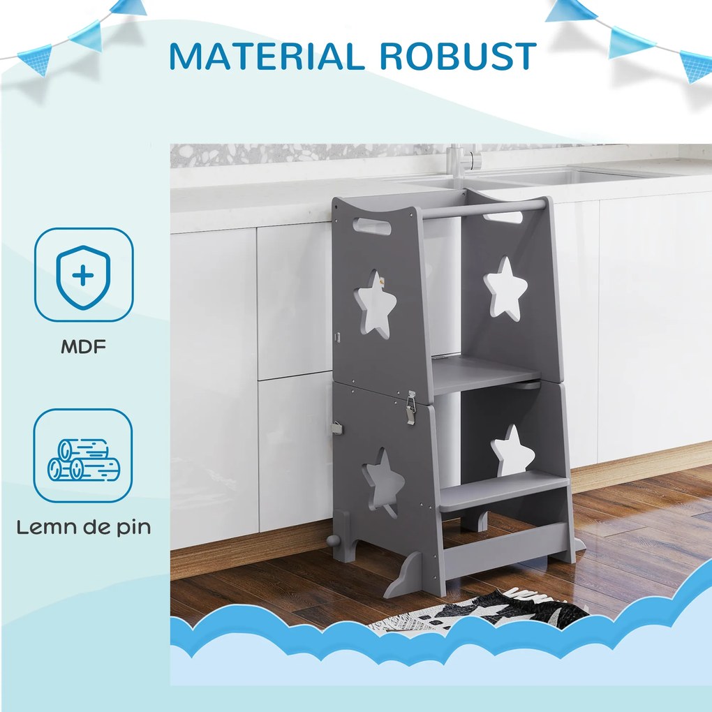 AIYAPLAY Scăunel 2 în 1 pentru Copii cu Bară de Siguranță pentru Bucătărie, Baie, Alb | Aosom Romania