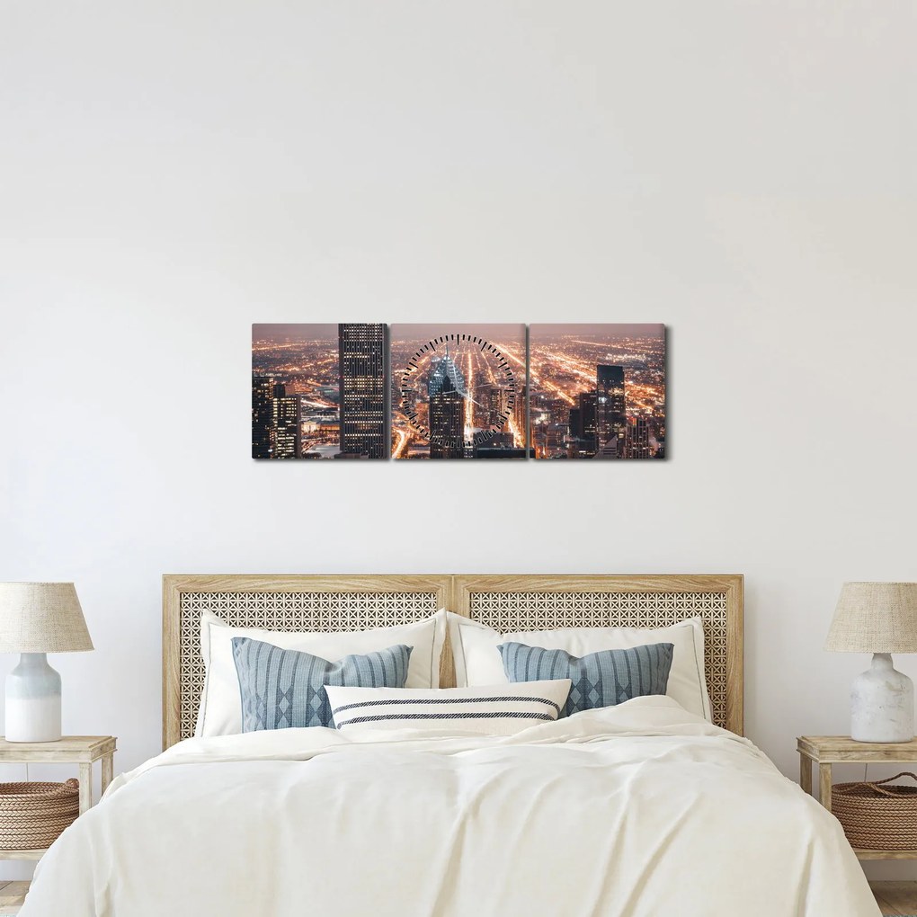 Tabloul cu metropolă luminată (cu ceas) (90x30 cm)