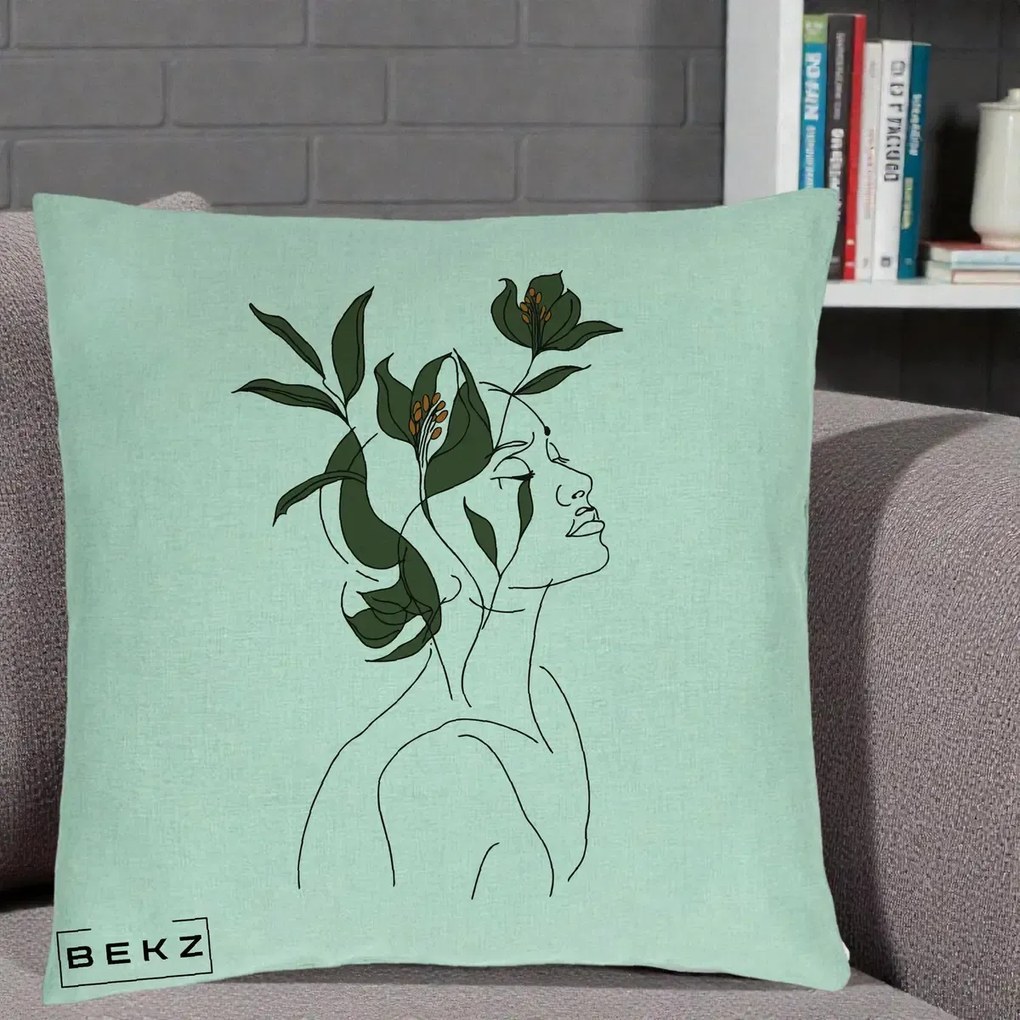 Perna Decorativa Portret Feminin Crin Verde, 40x40 cm, Verde Menta, Husa Detasabila, Perna Inclusa, BEKZ®