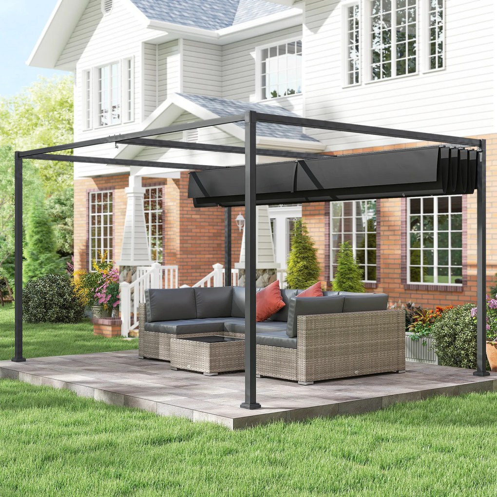 Outsunny Pergolă 3x2 m cu Acoperiș Retractabil, Orificii de Drenaj, Țepușe și Șuruburi, Pergolă de Grădină din Poliester și Metal, pentru Terasă, Curte, Exterior, Negru | Aosom Romania