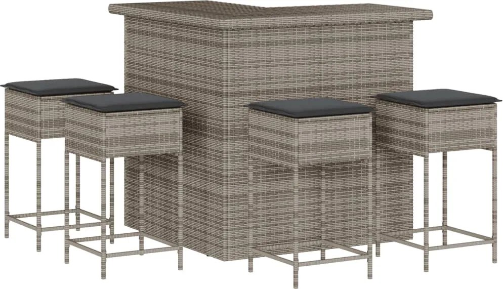 vidaXL Set mobilier bar de grădină, cu perne, 5 piese, gri, poliratan