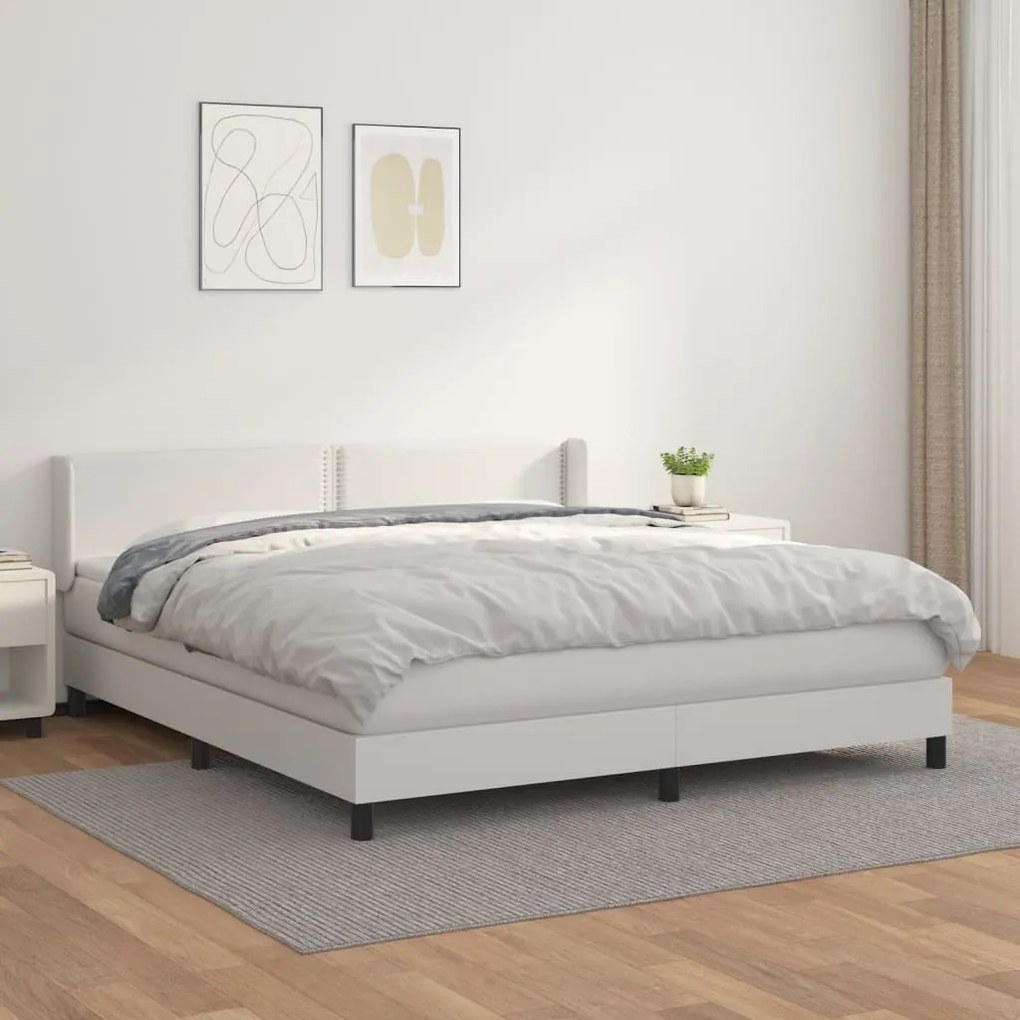 3130728 vidaXL Pat box spring cu saltea, alb, 160x200 cm, piele ecologică