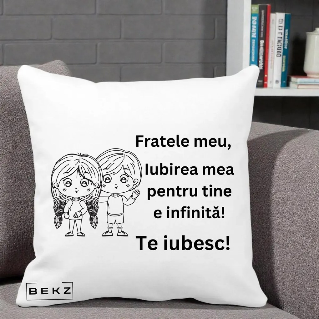 Cadou pentru Frate - Perna Personalizata Fratele Meu Te Iubesc Copii Anime Line Art Negru, 40x40 cm, Alba Mata, Husa Detasabila, Perna Inclusa, BEKZ®