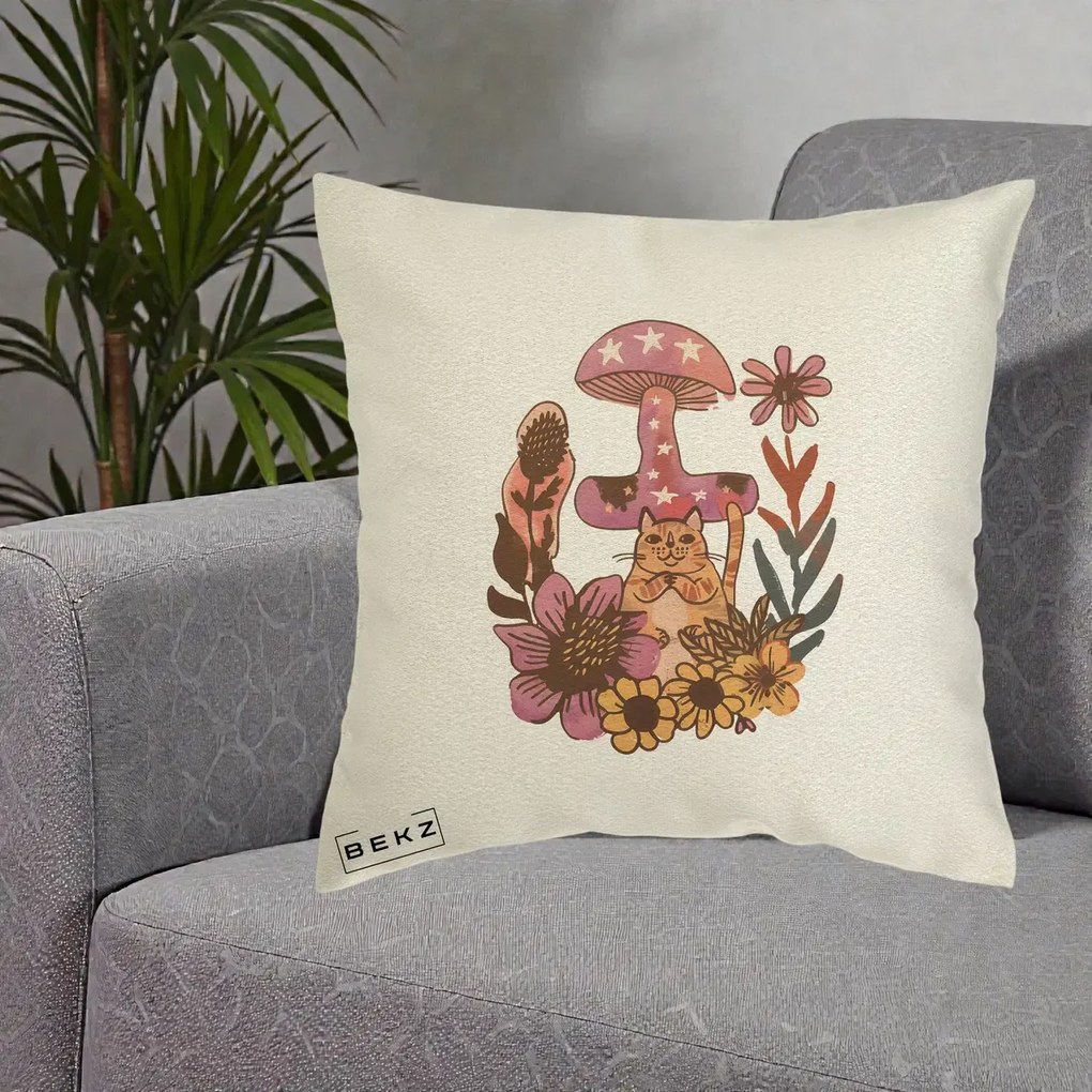 Perna Decorativa Ciuperca Pisica Boho, 40x40 cm, Ecru, Husa Detasabila, Perna Inclusa, BEKZ®