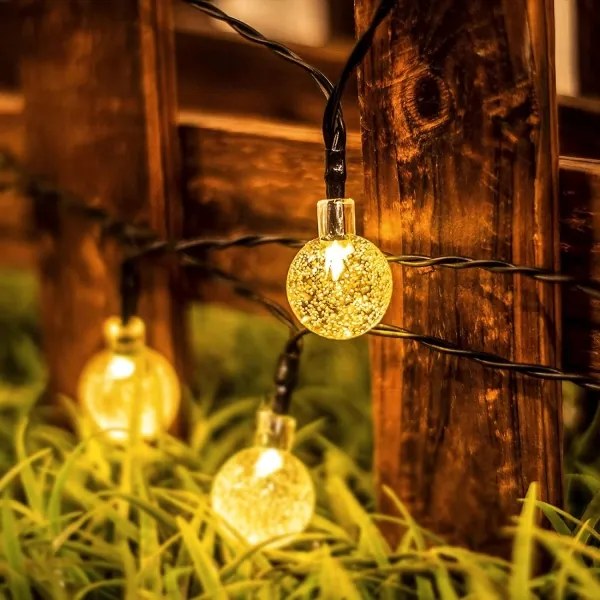 Ghirlandă solară decorativă LED, 50 LED, 8 funcții, acumulator 500 mAh, 9,5 m, IP67, alb cald