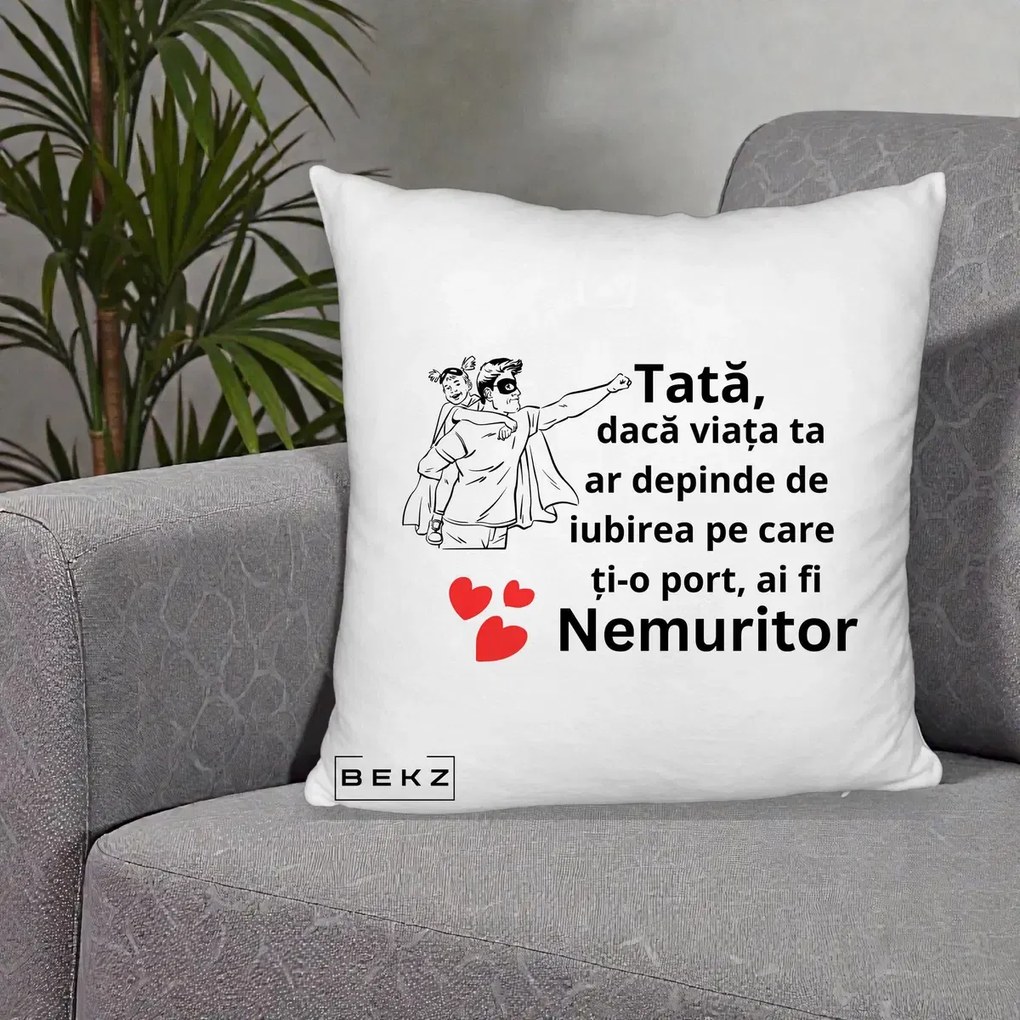 Cadou pentru Tata - Perna Personalizata Tata Nemuritor Supererou cu Masca, 40x40 cm, Alb Pufos, Husa Detasabila, Perna Inclusa, BEKZ®