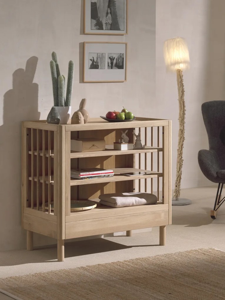 Set Complet Mobilier Camera Copii Forrest Oak, Pat 90x200 cm, Dulap cu 2 Uși, Noptieră și Masă de Înfășat, din Lemn Masiv de Stejar, Natur – Vipack