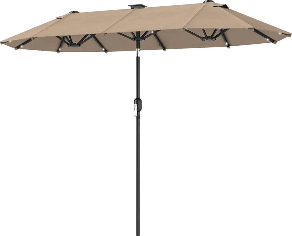 Outsunny Parasolar dublu 292 x 150 cm, umbrelă cu iluminare LED, manivelă, funcție de înclinare Khaki | Aosom Romania