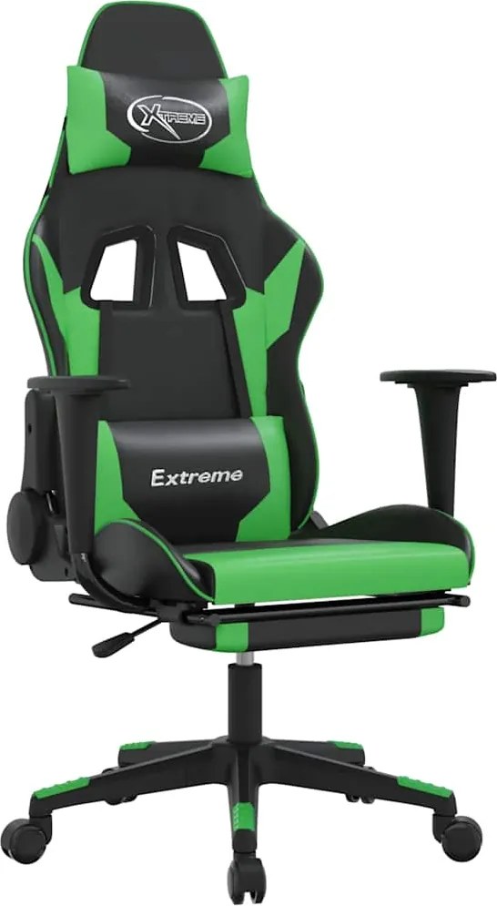 vidaXL Scaun gaming de masaj/suport picioare, negru/verde, piele eco