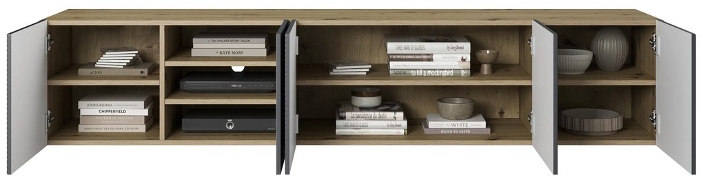 Comodă TV suspendată Asha 200 cm cu front canelat - artisan / rivier stone mat