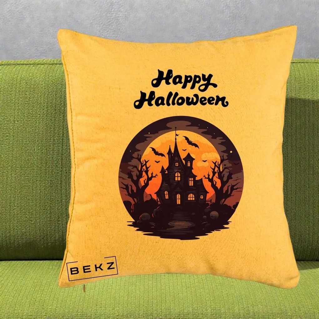 Perna Decorativa Happy Halloween Casa Bantuita Violet, 40x40 cm, Galben, Husa Detasabila, Perna Inclusa, BEKZ®