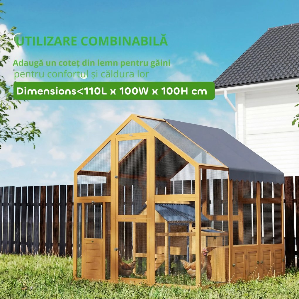 PawHut Coteț pentru găini 3,07 m² tarc exterior din lemn cu husă impermeabilă, încuietoare de siguranță, pentru 6-8 găini 1,7 x 1,8 x 1,8 m | Aosom Romania