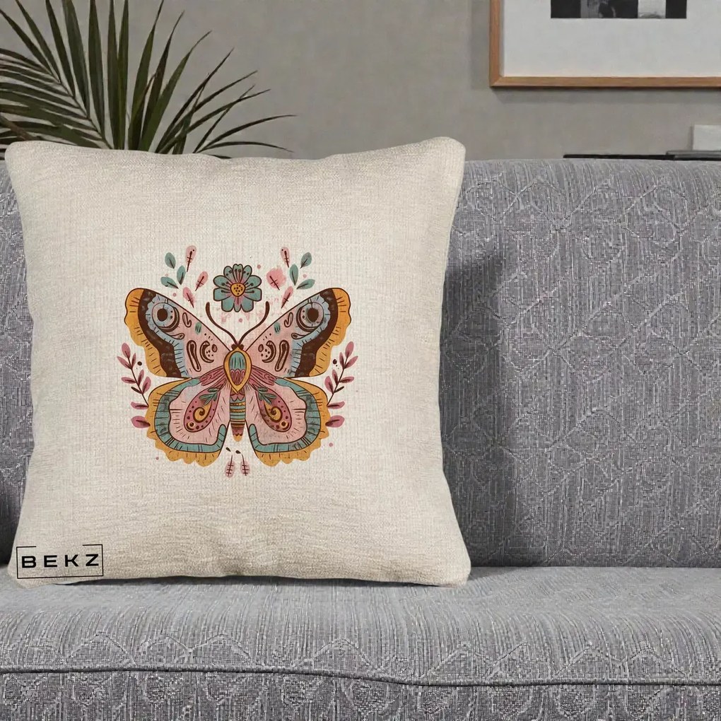 Perna Decorativa Fluture Boho Floral, 40x40 cm, Bej Canapea, Husa Detasabila, Perna Inclusa, BEKZ®