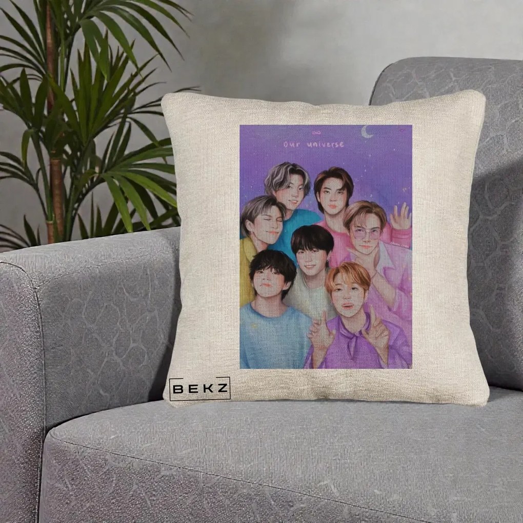 Perna Personalizata K-pop BTS Our Universe Fanart Violet Pastel, 40x40 cm, Bej Canapea, Husa Detasabila, Perna Inclusa, BEKZ®