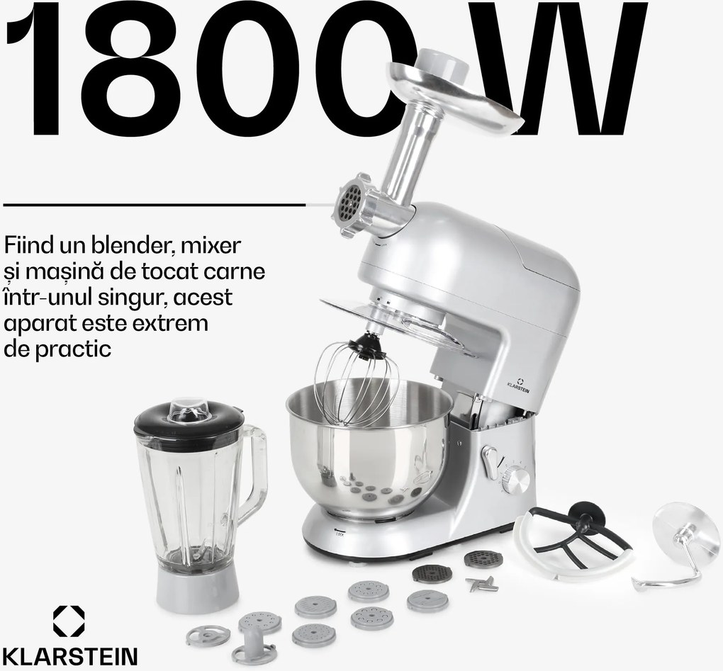 Klarstein Lucia, robot de bucatarie, 3 in 1, 1800 W / 2,7 PS, 5l, otel inoxidabil, fara BPA