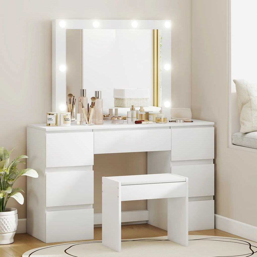 HOMCOM Masă de Machiaj cu Oglindă, 8 Lumini LED, Scaun și 7 Sertare Alb | Aosom Romania
