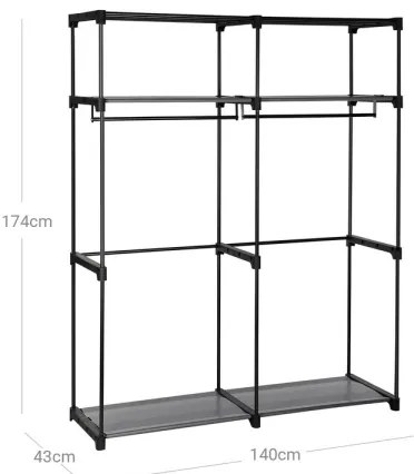 Dulap textil de depozitare MATIS 140x174 cm, cu rafturi și bară pentru haine, negru