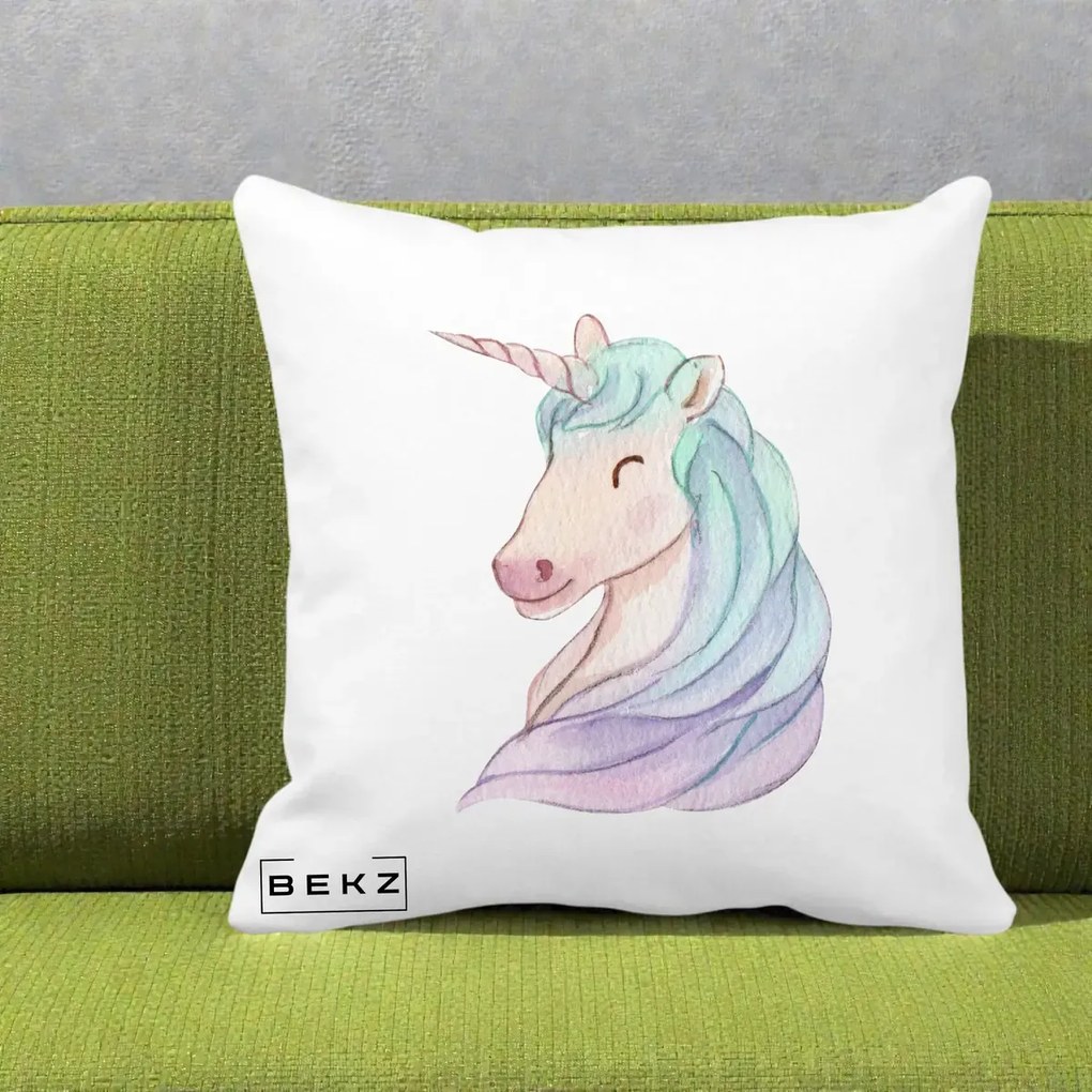Perna Decorativa Unicorn Acuarela Pastel, 40x40 cm, Alba Mata, Husa Detasabila, Perna Inclusa, BEKZ®