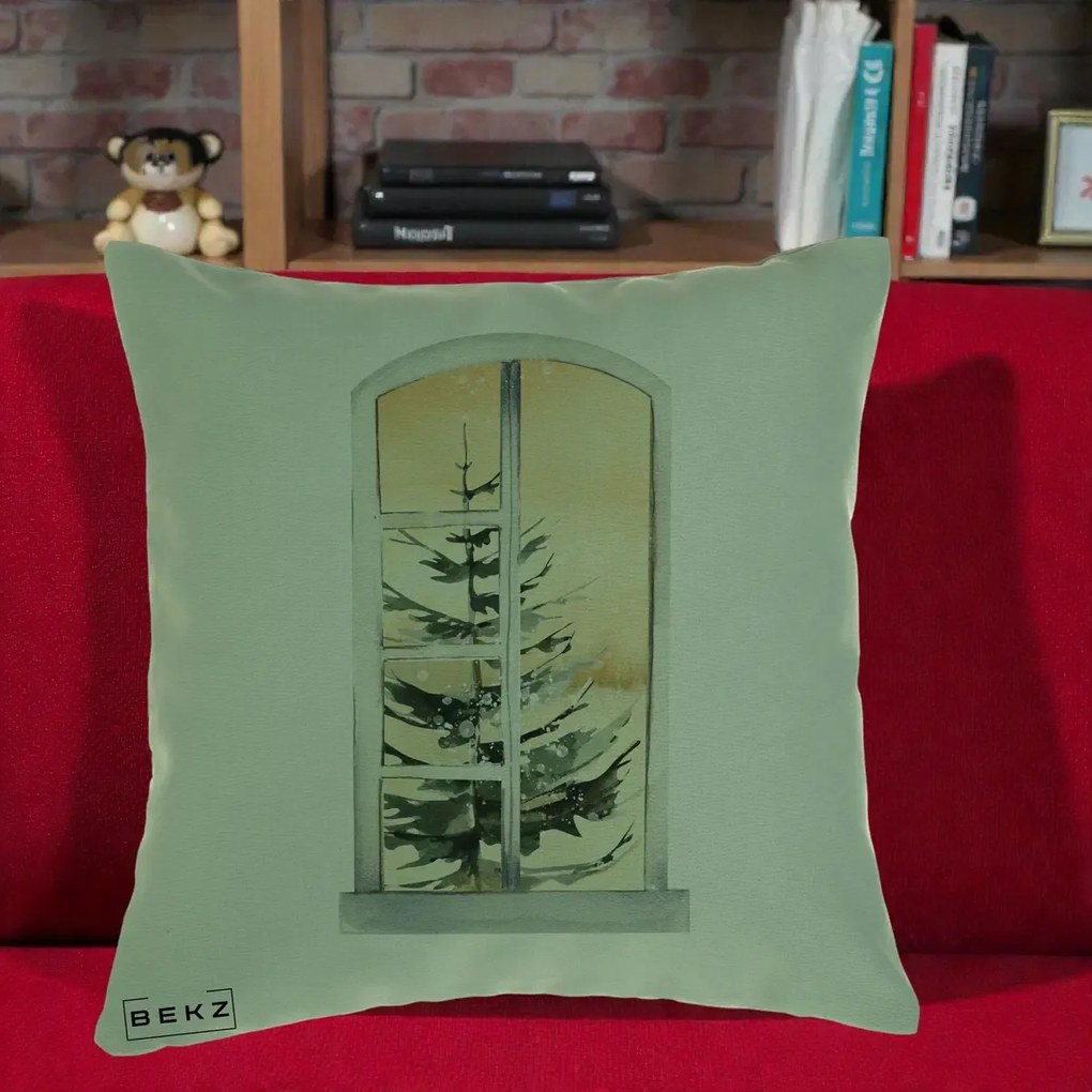 Perna Decorativa Fereastra cu Brad de Iarna, 40x40 cm, Verde, Husa Detasabila, Perna Inclusa, BEKZ®
