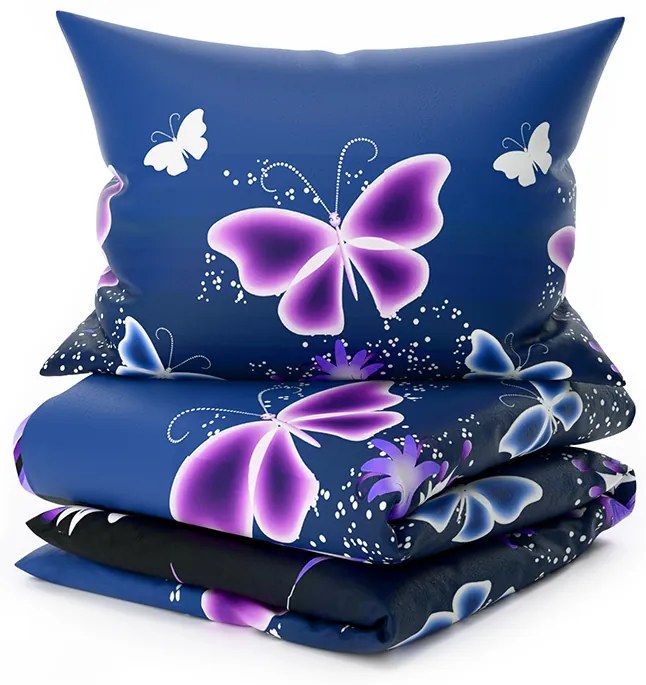 Set Lenjerie cocolino VIOLET BUTTERFLY albastru inchis + Cearsaf Cocolino microplus cu elastic SOFT 180x200 cm alb, pat dublu